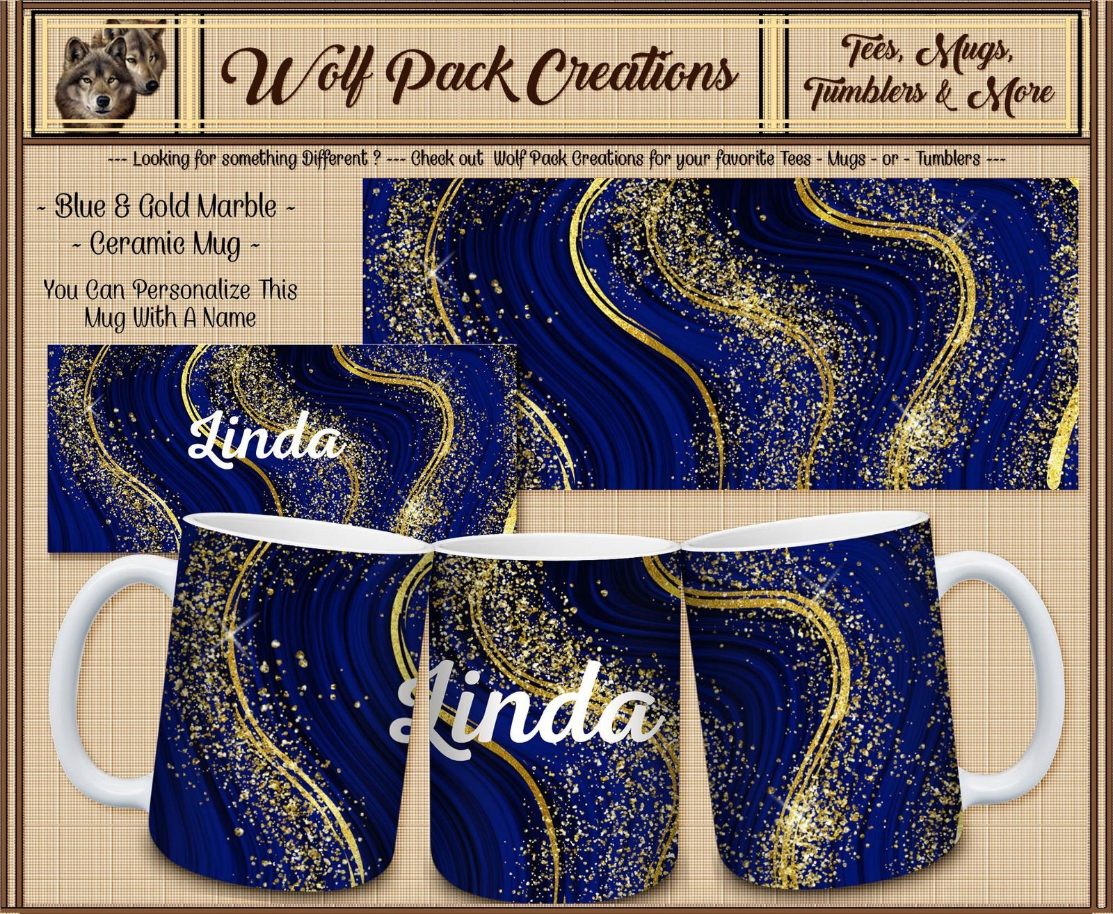 Personalizable Beautiful Blue and Gold Marble Ceramic Mug