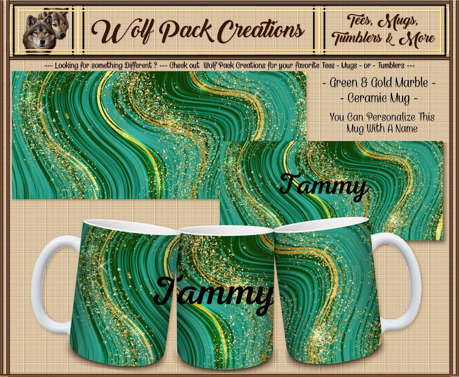 Personalizable Beautiful Green and Gold Glitter Ceramic Mug
