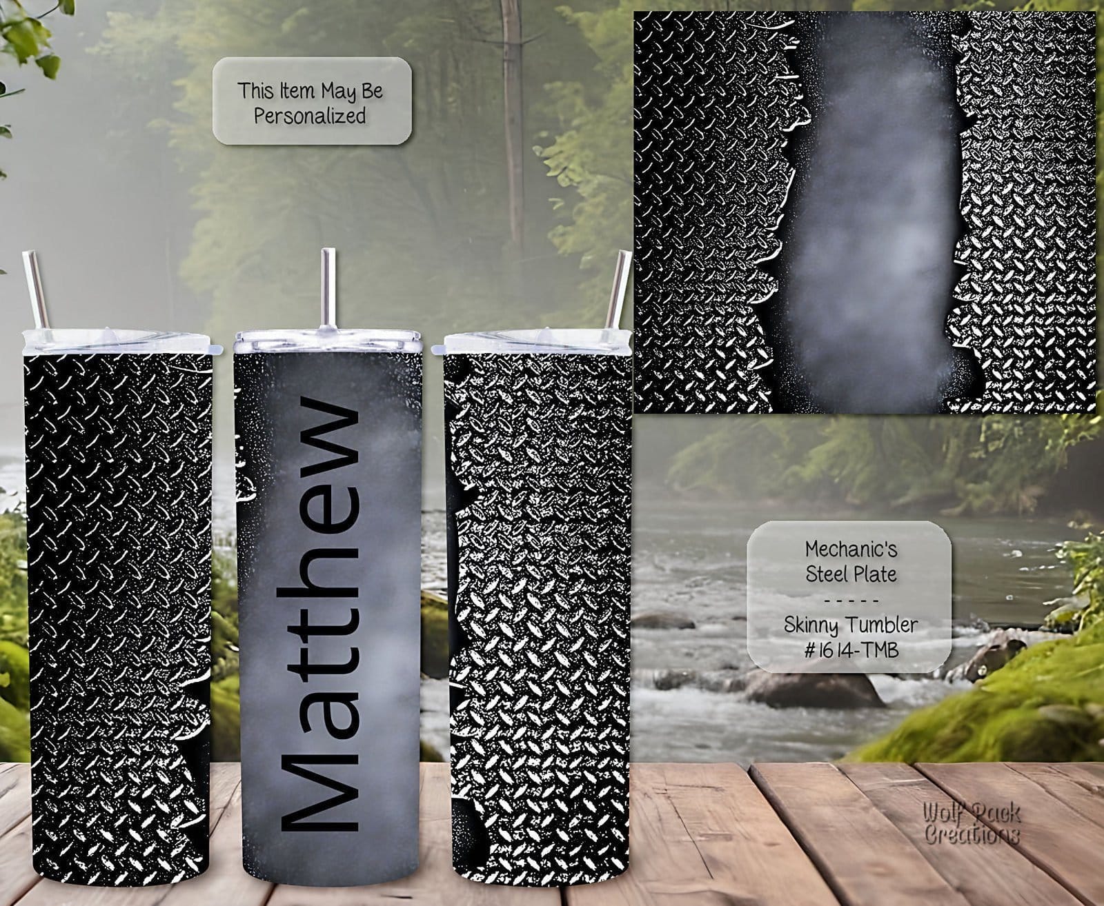 Personalizable Skinny Tumbler in Mechanic's Steel Plate