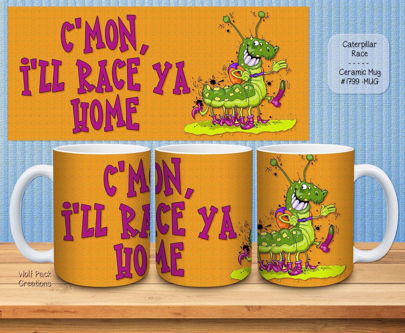 Beautiful Ceramic Mug featuring a Caterpillar Race