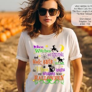 Enchanting Short Sleeve Unisex Polyester Witch and Black Cats Shirt