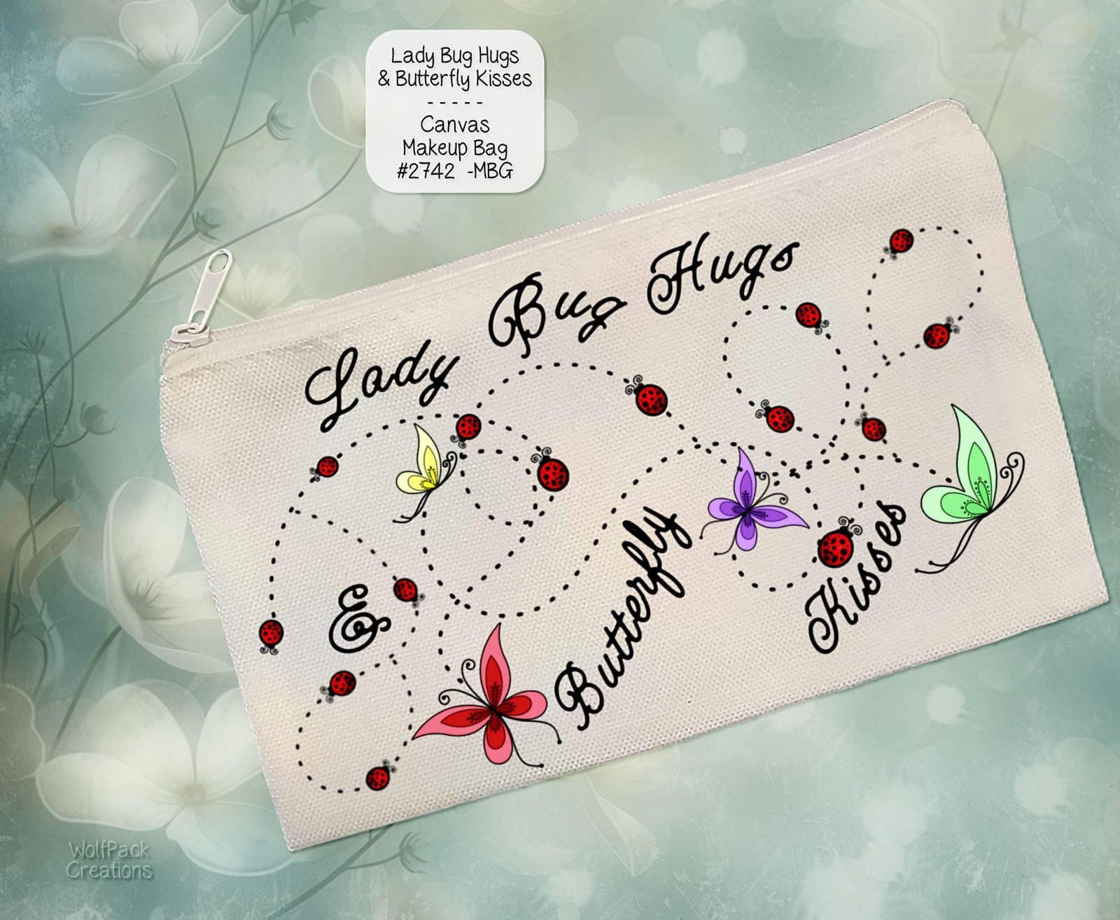 White Polyester Zipper Pouch: Lady Bug Hugs