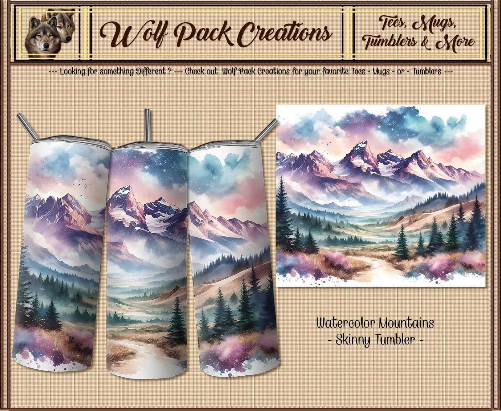 Skinny Tumbler with Pretty Watercolor Mountains