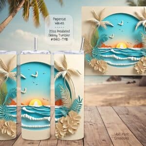 Beautiful Skinny Tumbler: 3D Papercut Waves Design for Beach Lovers