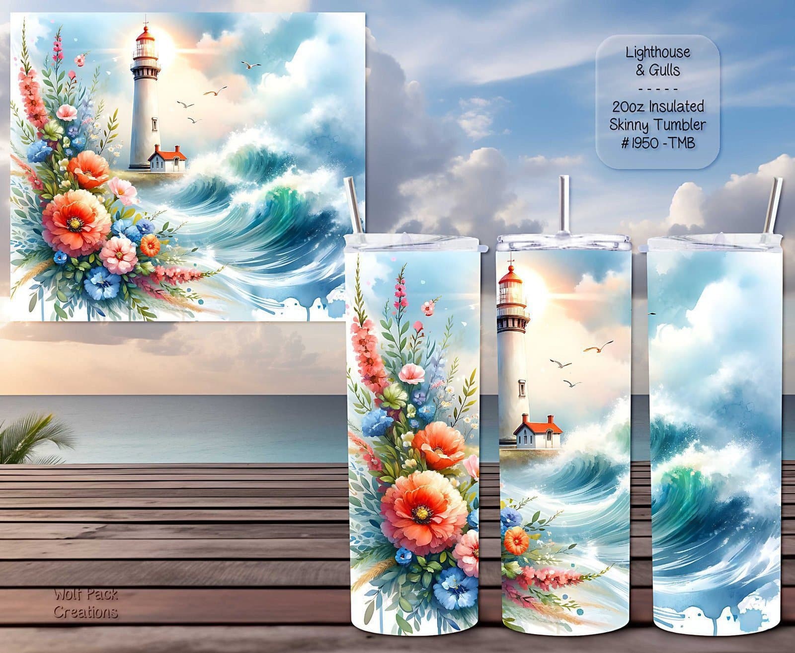 Beautiful Skinny Tumbler featuring a Lighthouse and Seagulls Design