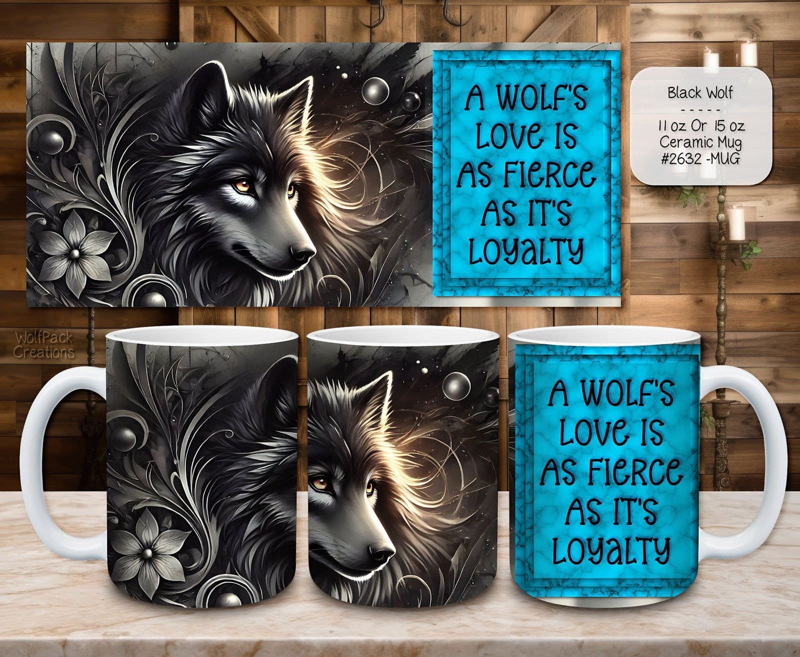 Ceramic Holiday Coffee Mug: Beautiful Black Wolf