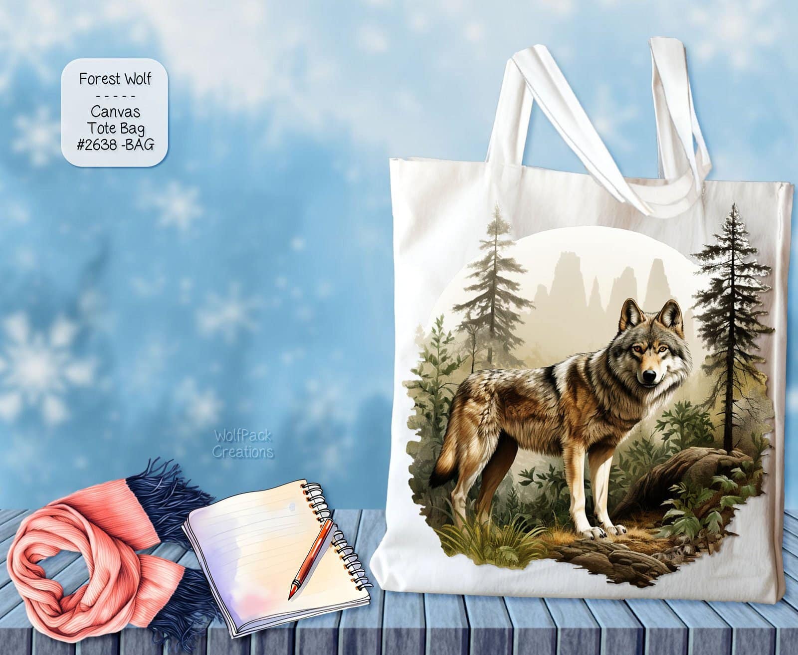 White Polyester Tote Bag: Beautiful Forest Wolf