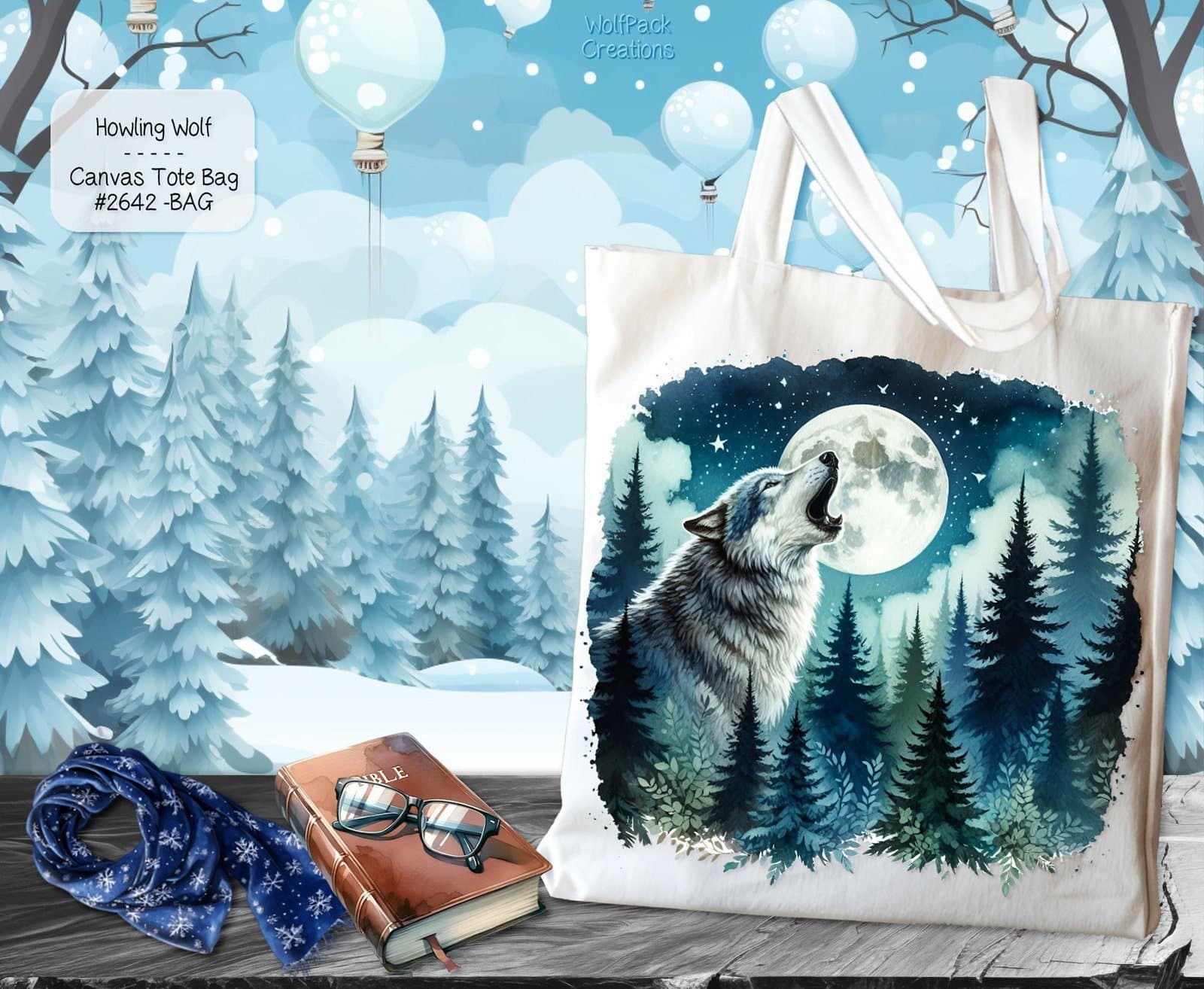 White Polyester Tote Bag: Beautiful Wolf Howling at the Moon