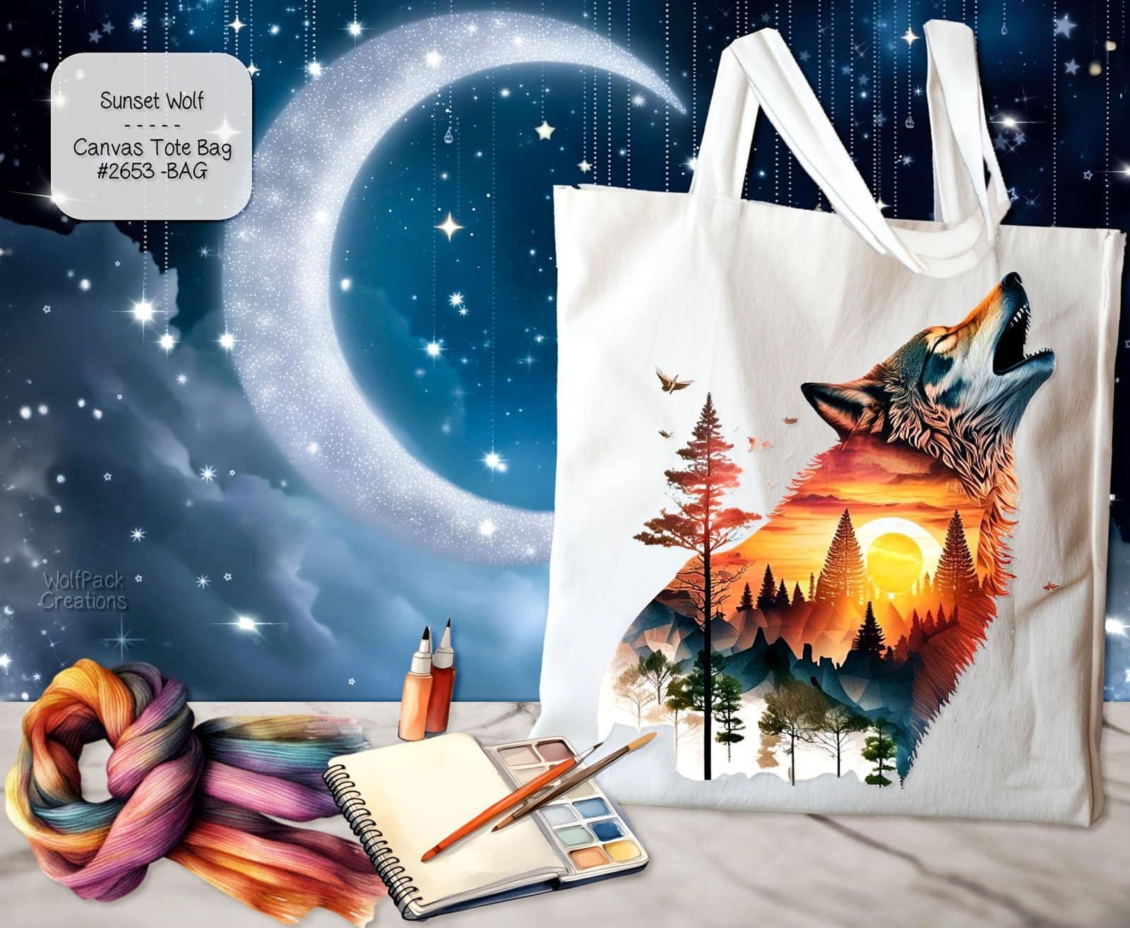 White Polyester Tote Bag: Beautiful Sunset Wolf