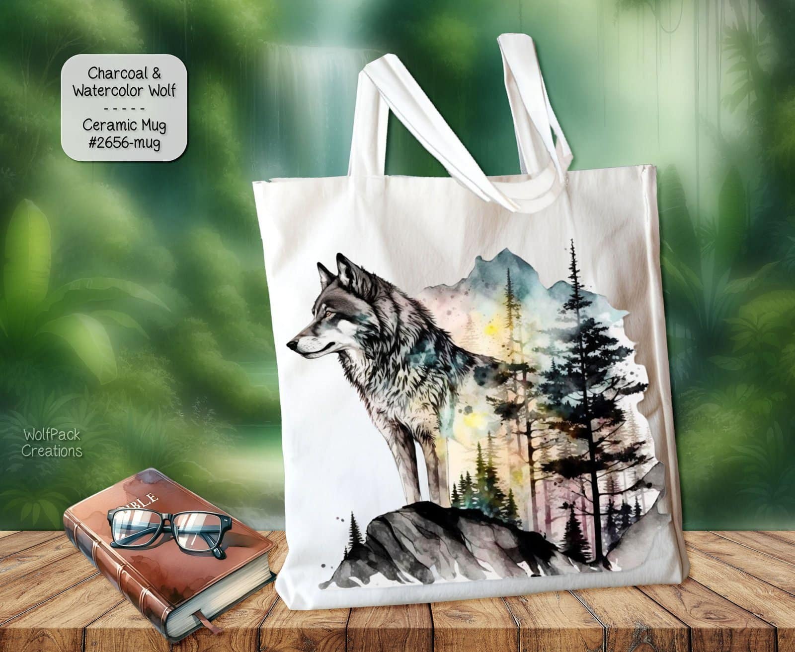 White Polyester Tote Bag: Beautiful Charcoal and Watercolor Wolf