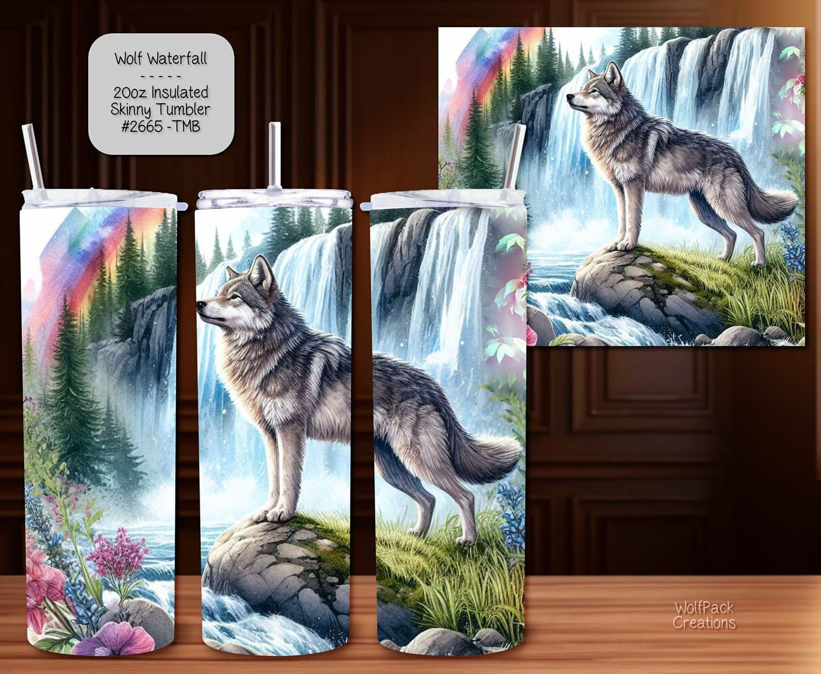 Stainless Steel Insulated Tumbler: Beautiful Waterfall Wolf