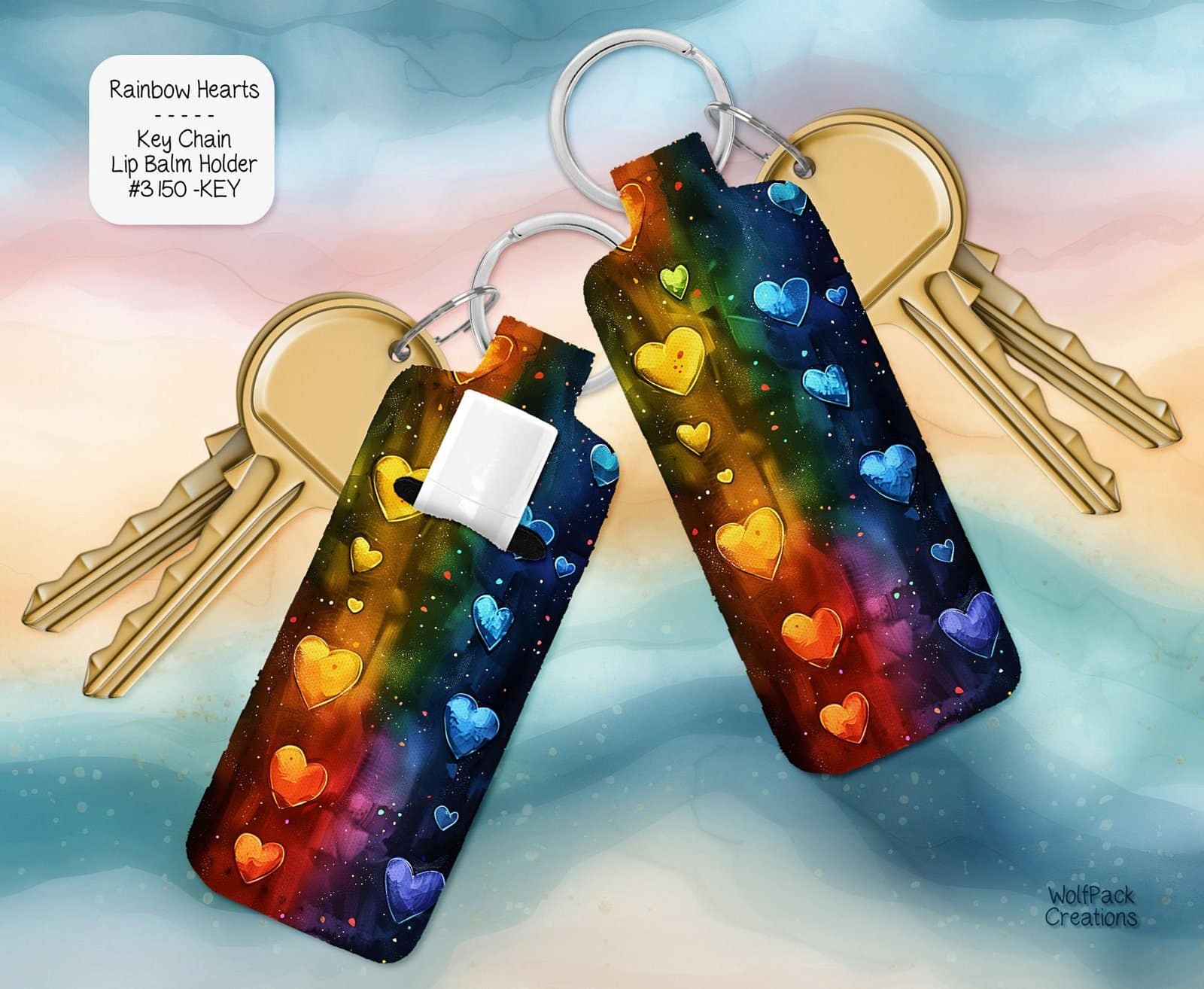 Beautiful Rainbow Hearts Lip Balm Keychain