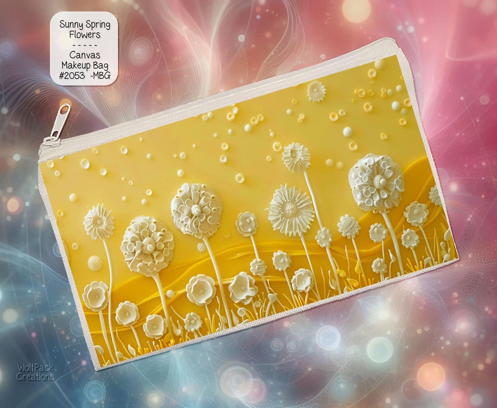 White Polyester Zipper Pouch: Sunny Spring Flowers