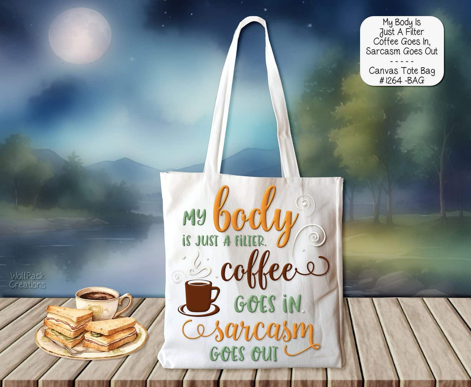 Humorous White Polyester Tote Bag: My Body is a Filter: Coffee Goes In