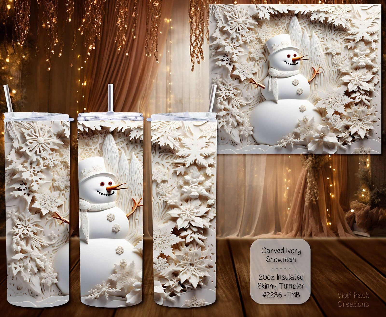 Carved Ivory Snowman Stainless Steel Skinny Tumbler - 20 Ounce Insulated Beverage Container