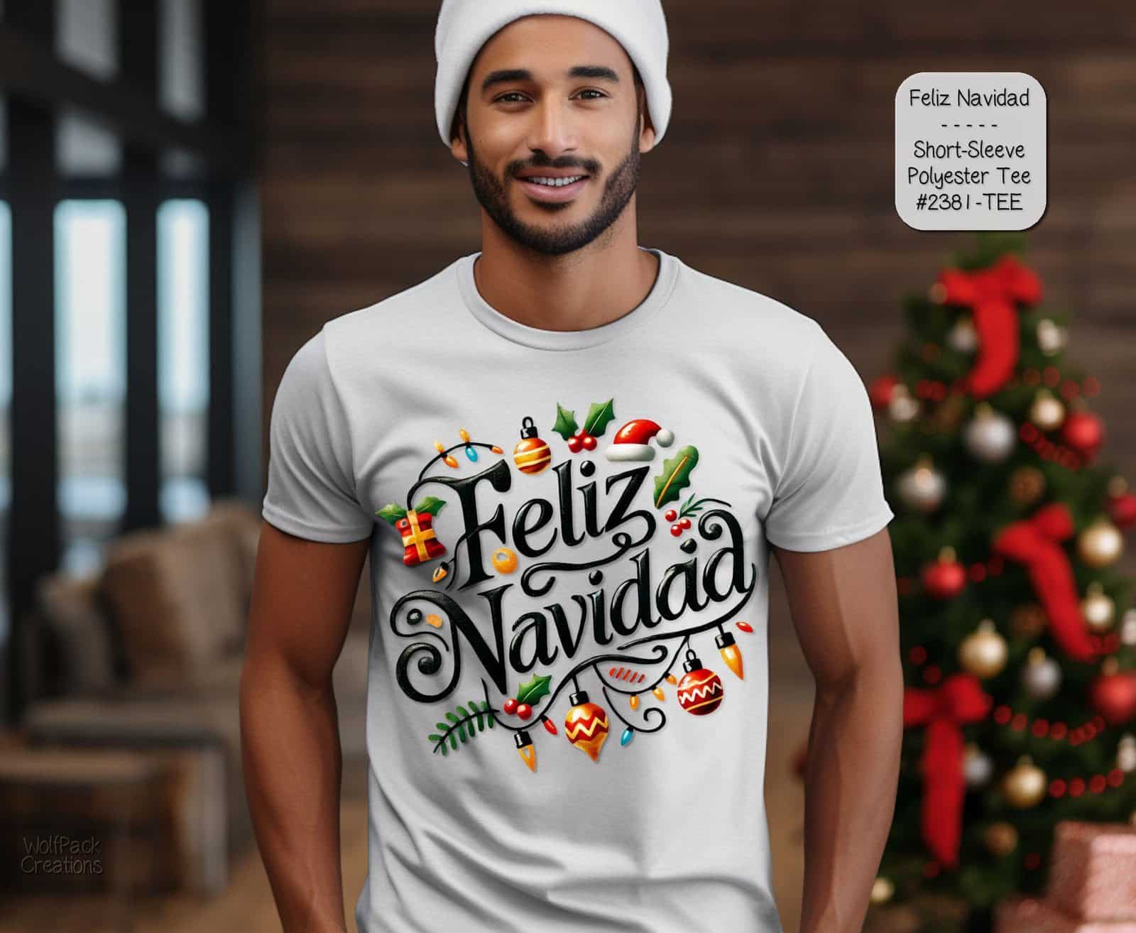 Stylish and Festive Short Sleeve Shirt: Feliz Navidad