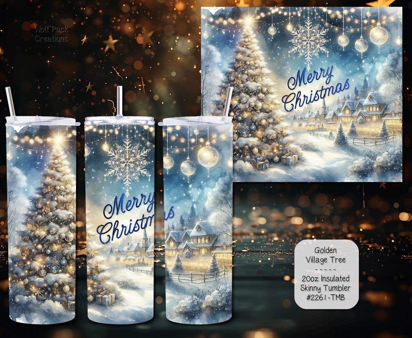 Beautiful and Stylish Holiday Stainless Steel Tumbler: Golden Village Tree
