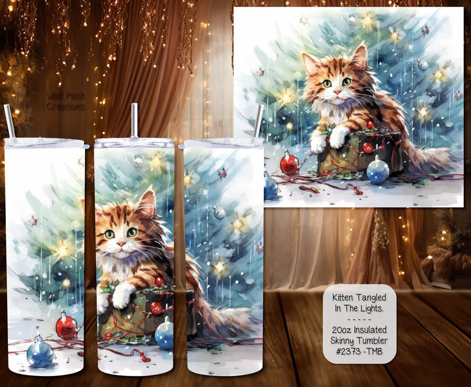 Beautiful Holiday Stainless Steel Tumbler: Kitten in a Tree