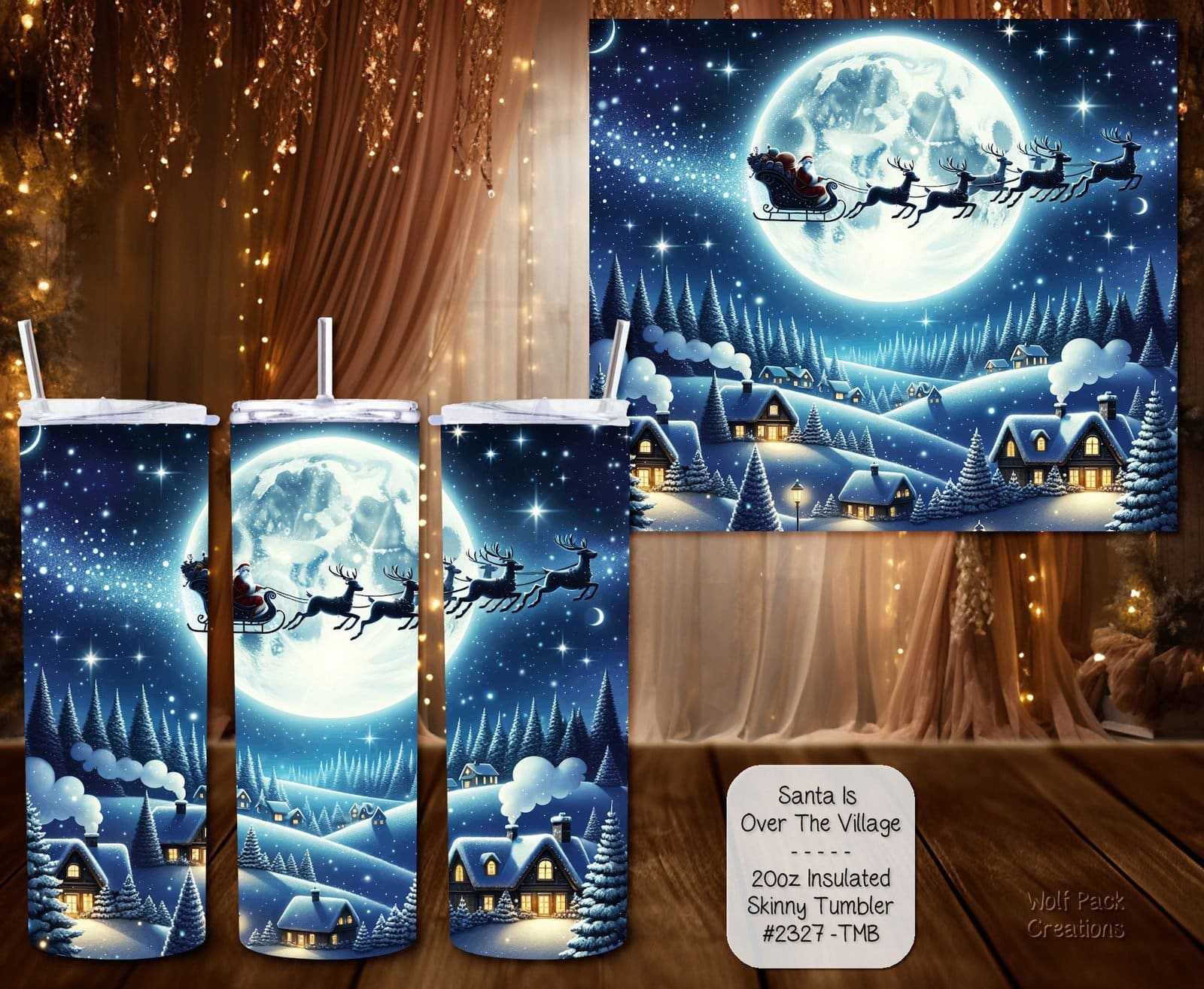 Beautiful Holiday Stainless Steel Tumbler: Santa Over the Village