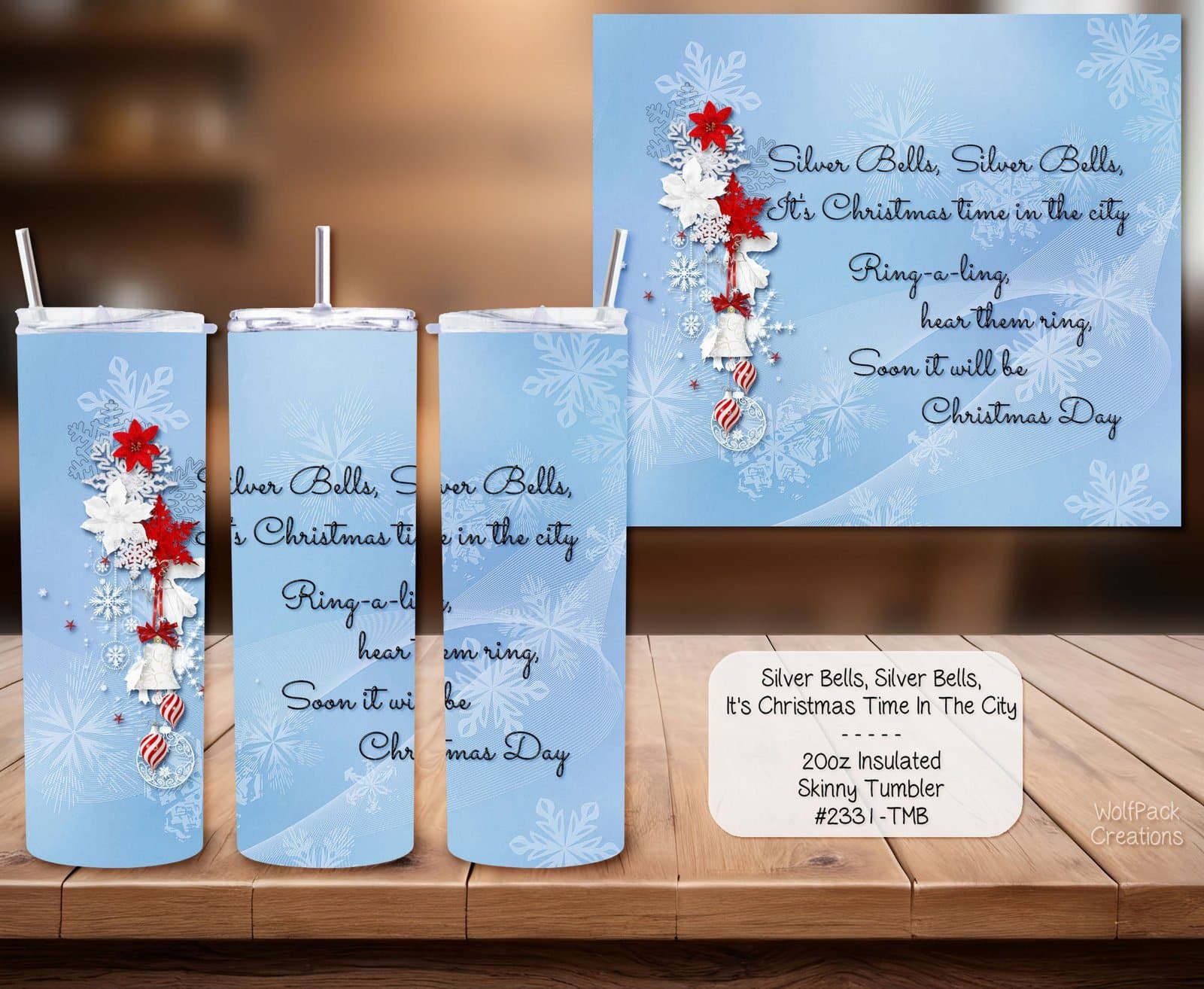 Beautiful Holiday Stainless Steel Tumbler: Silver Bells