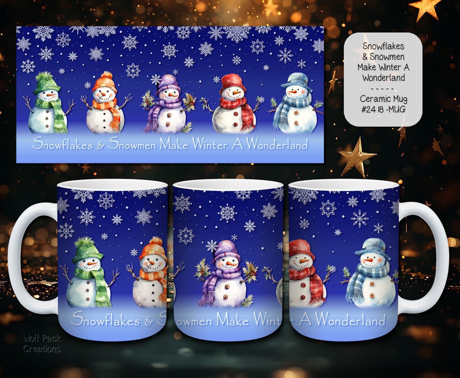 Beautiful Ceramic Holiday Coffee Mug: Snowflakes and Snowmen