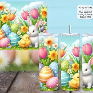 Three tumblers featuring a vibrant spring landscape with brightly colored painted eggs hidden in lush green grass.