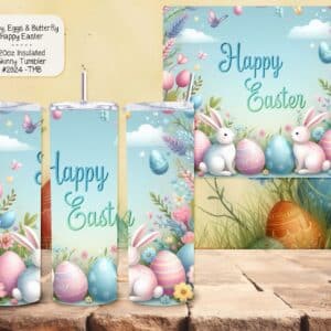 Three tumblers with soft watercolor "Happy Easter" typography alongside faint bunny and egg graphics.