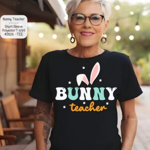A mockup of a woman wearing a black t-shirt with the text "BUNNY Teacher" accented by white bunny ears.