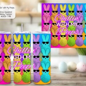 Three tumblers displaying a bright neon grid pattern featuring silhouettes of bunnies wearing colorful sunglasses.