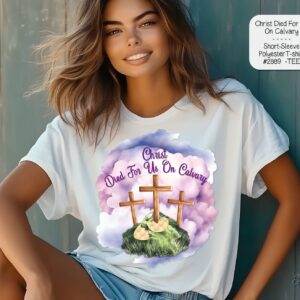 A mockup of a woman wearing a white t-shirt displaying a floral cross set against a soft watercolor background.