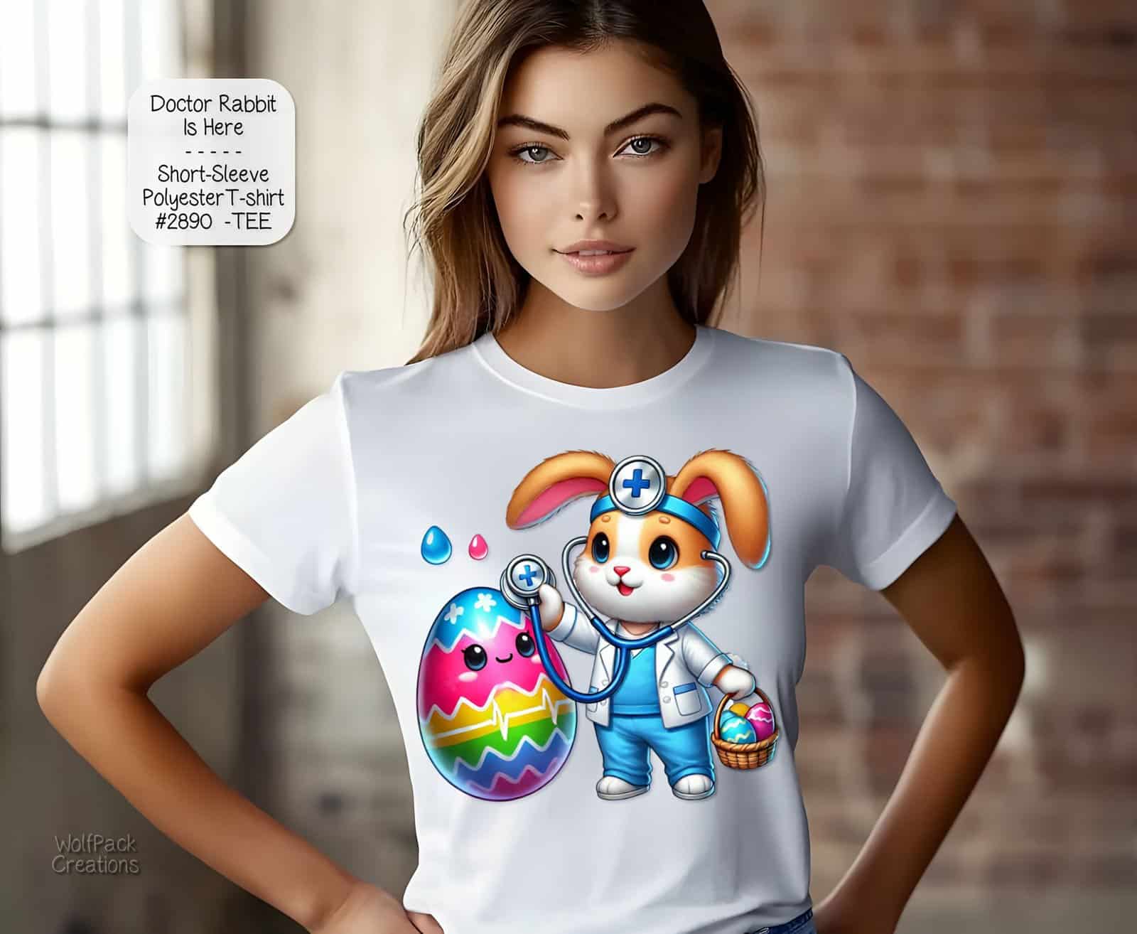 A mockup of a woman wearing a white t-shirt featuring a cute cartoon bunny holding a brightly painted Easter egg.