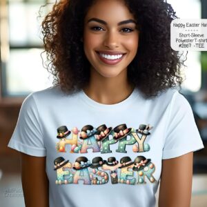 A mockup of a woman wearing a white t-shirt featuring a row of illustrated dogs wearing pink bunny ears.