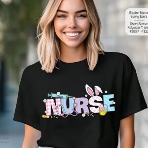 A mockup of a woman wearing a black t-shirt with the word "NURSE" decorated with floral patterns and pink bunny ears.