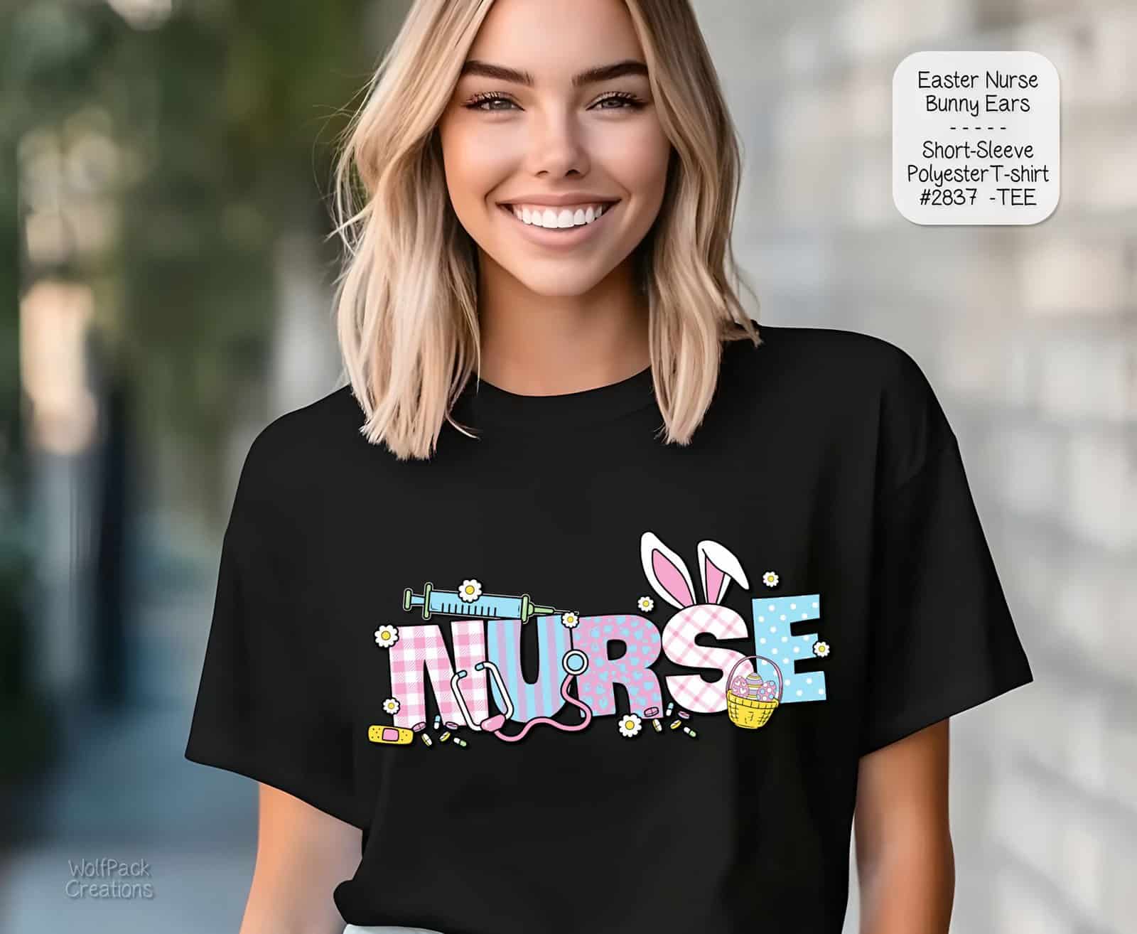 A mockup of a woman wearing a black t-shirt with the word "NURSE" decorated with floral patterns and pink bunny ears.