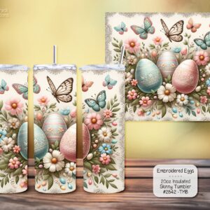 Three tumblers showing a vintage, floral Easter egg pattern accented with butterflies.