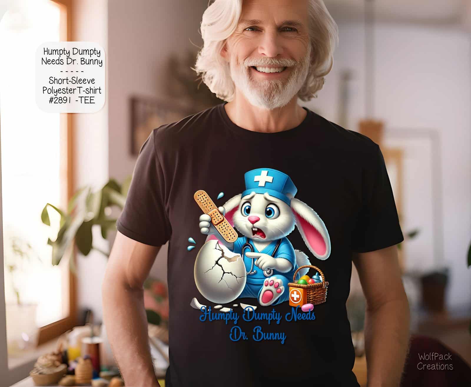 A mockup of an older man wearing a black t-shirt featuring a cool cartoon bunny wearing sunglasses and holding a bat.