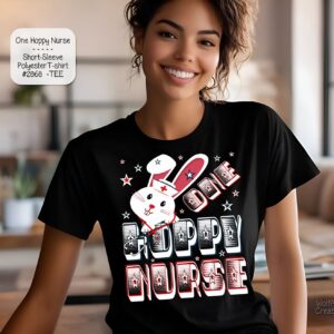 A mockup of a woman wearing a black t-shirt with the text "Hoppy Nurse" featuring bunny ears and a nurse's cap.