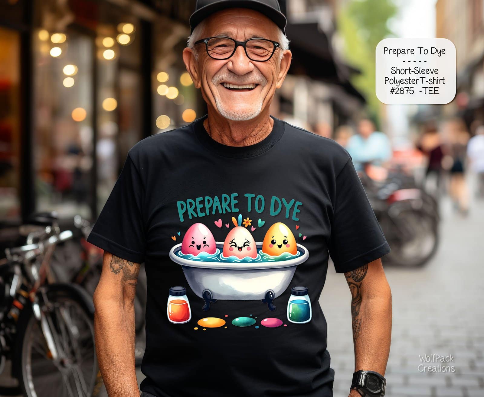 A mockup of an older man wearing a black t-shirt featuring a graphic of a basket filled with colorful Easter eggs.