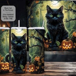 Beautiful Skinny Tumbler with a Black Cat and Pumpkins in a Forest