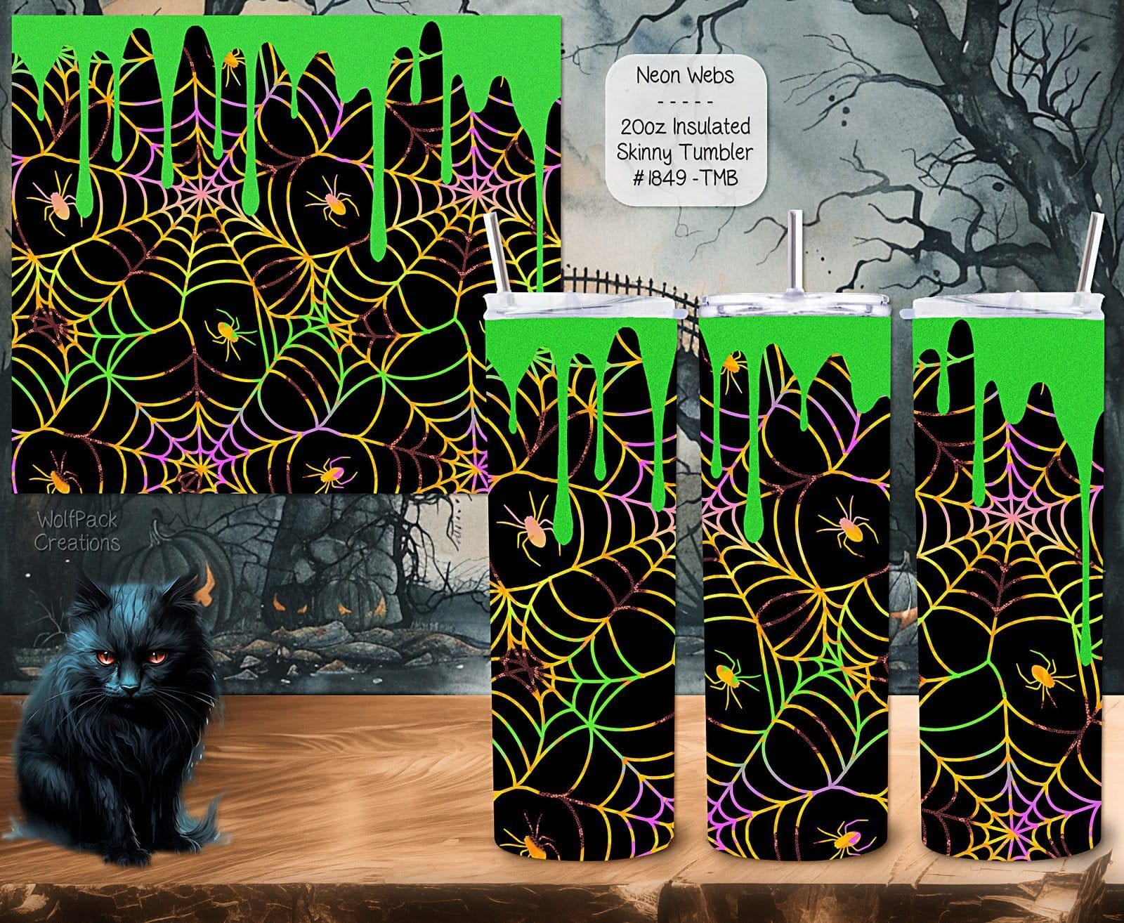 Enjoy Spooky Season with Our Stainless Steel Skinny Tumbler Adorned with Neon Webs