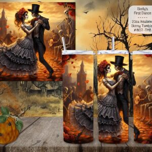 Premium Stainless Steel Skinny Tumbler featuring a Skeleton's First Dance