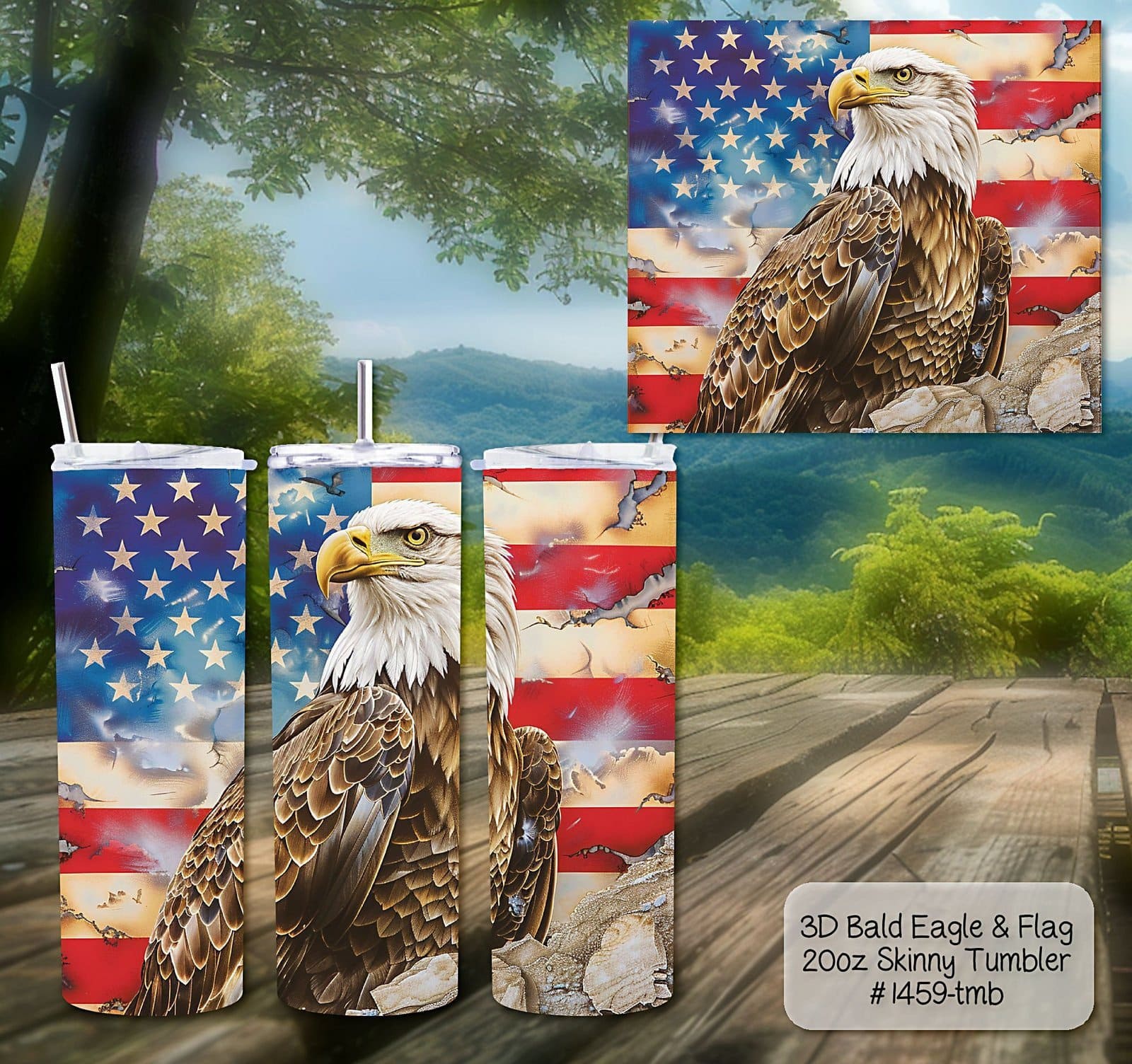 Beautiful 3D Bald Eagle and American Flag on a Skinny Tumbler