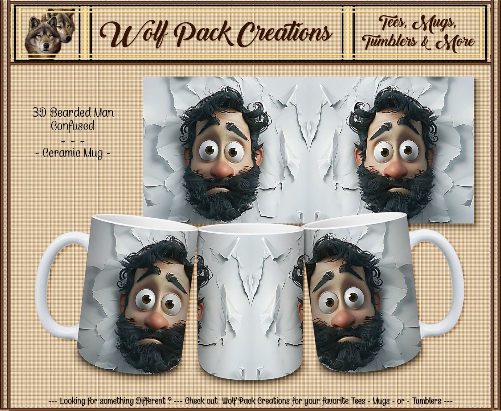 Cool 3D Bearded Confused Man Breaking Out of Ceramic Mug