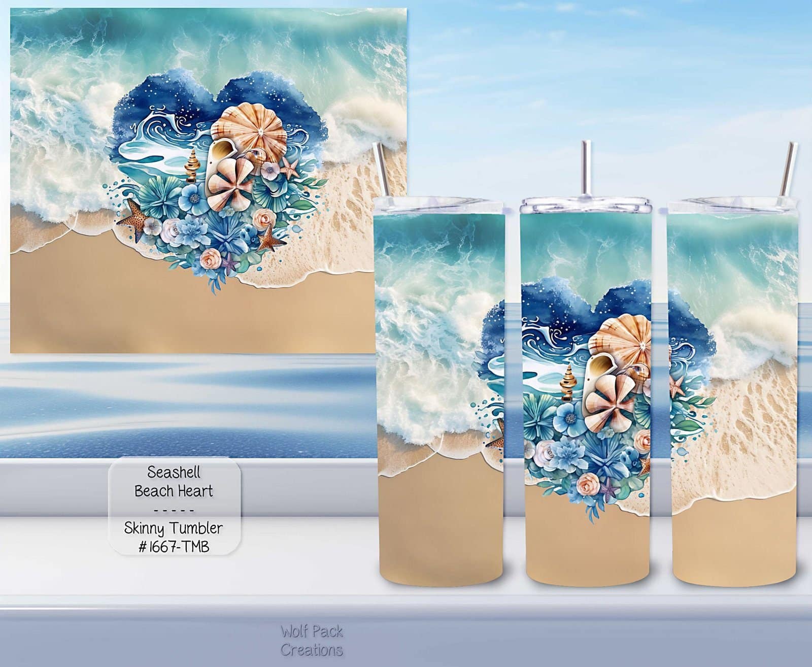 Beautiful Skinny Tumbler: Seashell Beach Heart Design