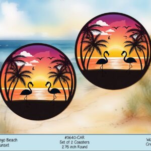 Flamingo Sunset Beach Car Coaster Set - Neoprene, 2.75" Round