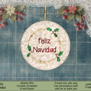 Cheerful Feliz Navidad Ceramic Christmas Ornament - Holly Berries Design
