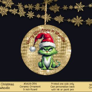 Whoville Inspired Cat Christmas Ornament with Santa Hat - Ceramic Round Gold Decor