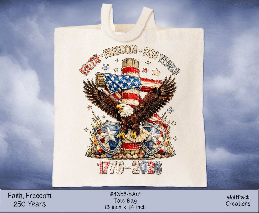 A white canvas tote bag mockup displaying the bald eagle perched on the flag-draped post design.