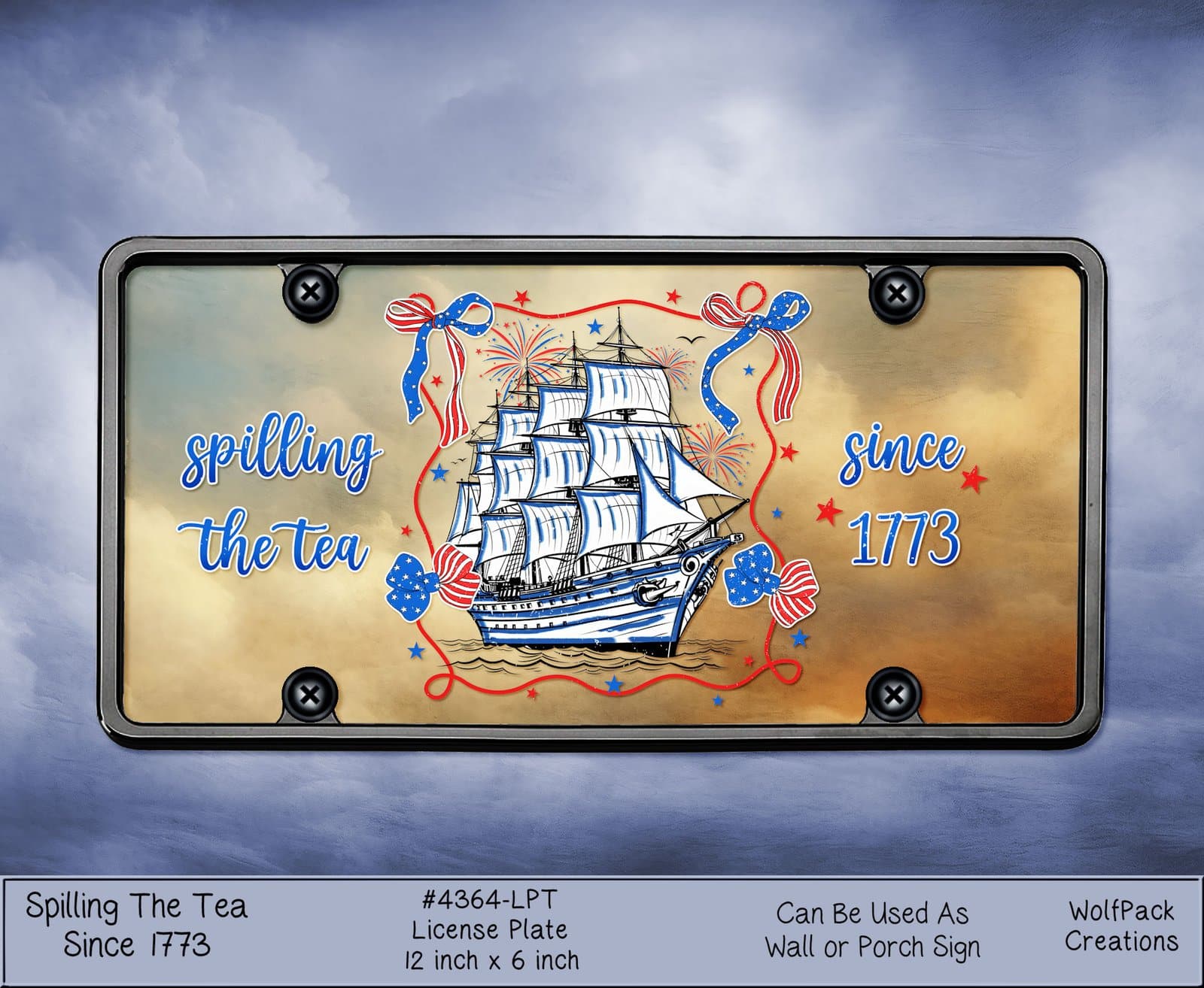 A standard vehicle license plate featuring the historic tall ship and patriotic ribbons design.