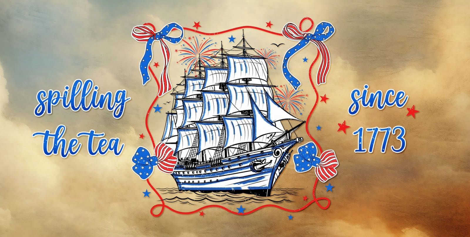 An illustration of a historic, three-masted tall ship surrounded by red, white, and blue ribbons on a tan background.